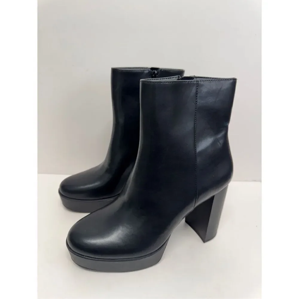 Alfani Boots Size 10‎ Black Almond Toe Faux Leather High Heel Side Zip NEW